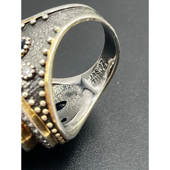 JAS Turkey Sterling Silver Lapis Lazuli, CZ, Blue Sapphire Two Tone Ring Sz 8 - Picture 5 of 13